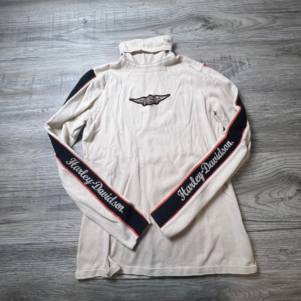 Harley-Davidson Turtleneck Sweater Womens S Cream Long Sleeve Biker Moto Logo